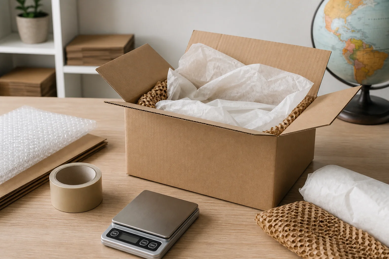 An unbranded delivery parcel prepared for international shipping