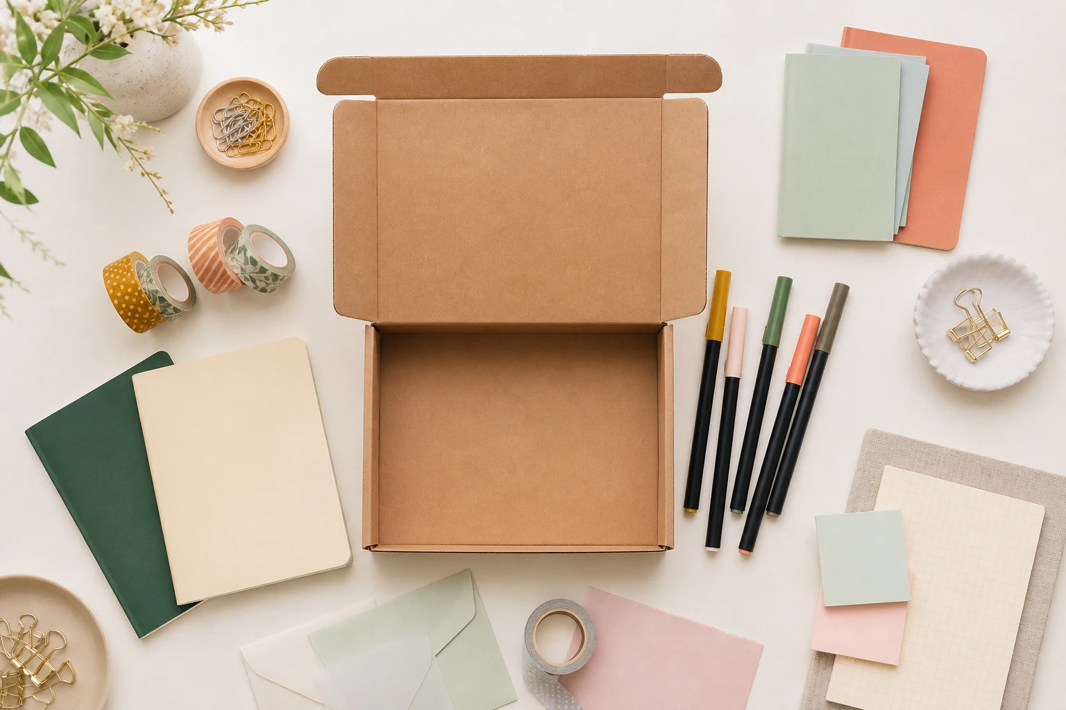 An unbranded curated subscription selection on a light table