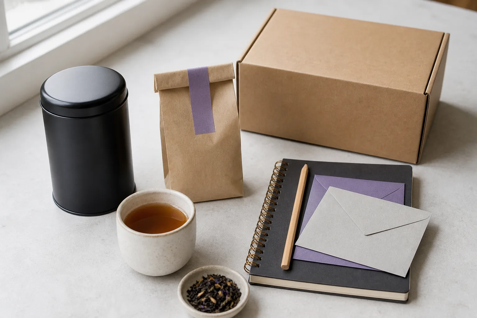 An unbranded tea and stationery subscription arranged on a light table