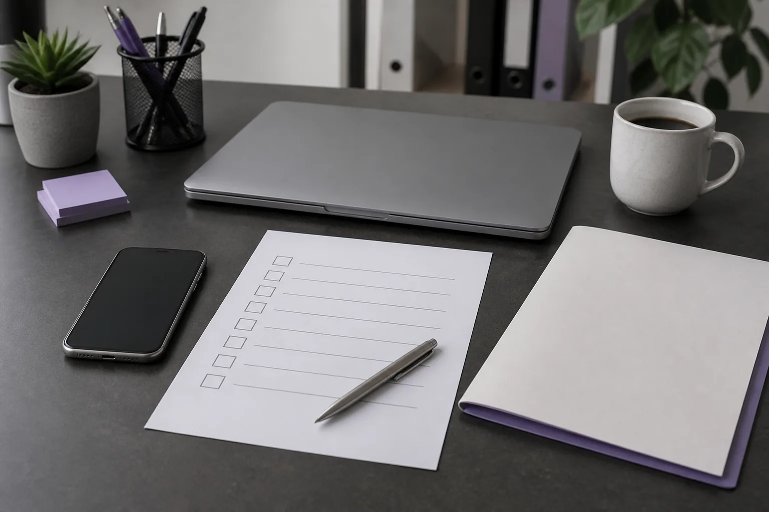 A blank laptop, phone, checklist, and contract folder arranged for a software comparison