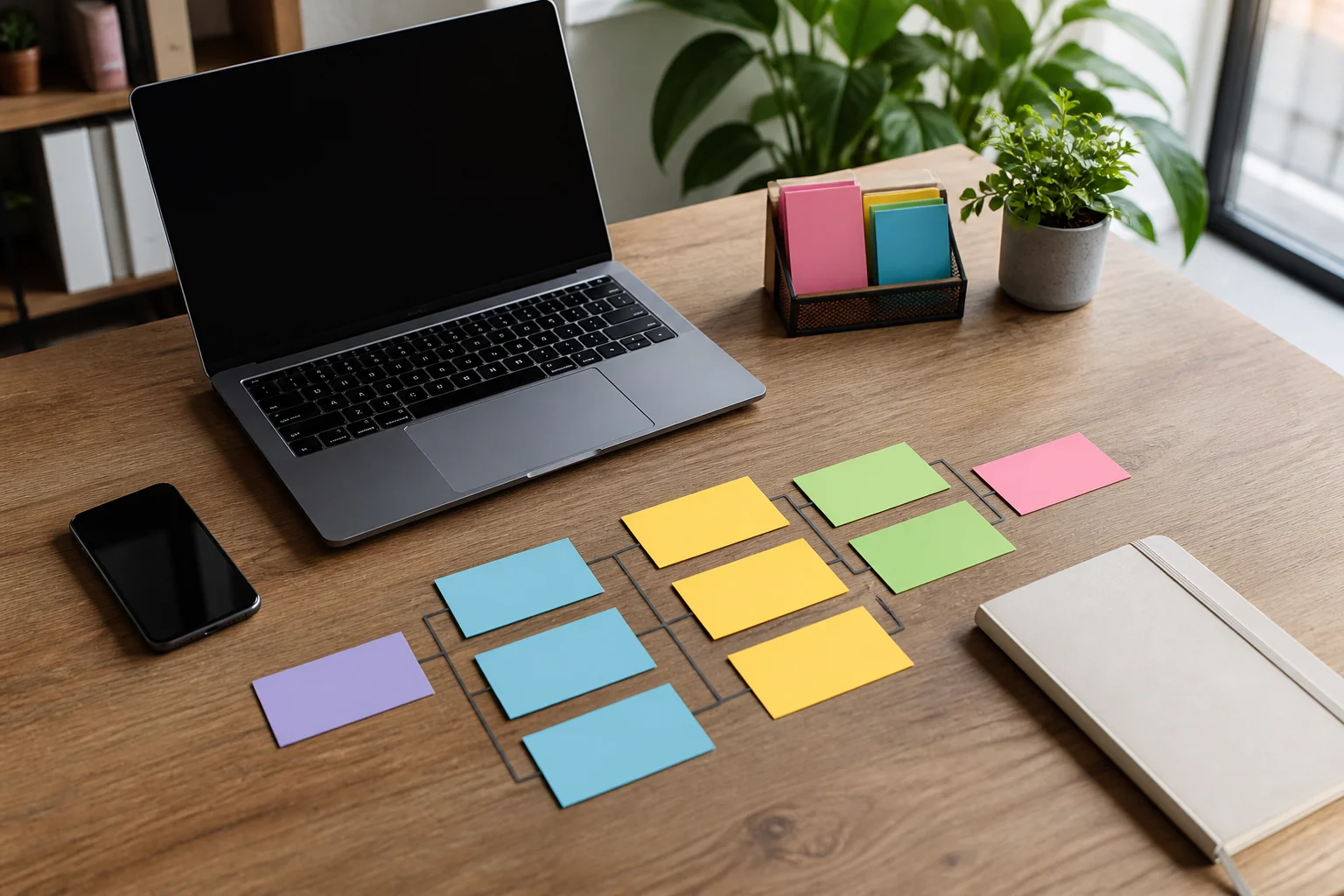 An unbranded sales pipeline arranged on a work desk