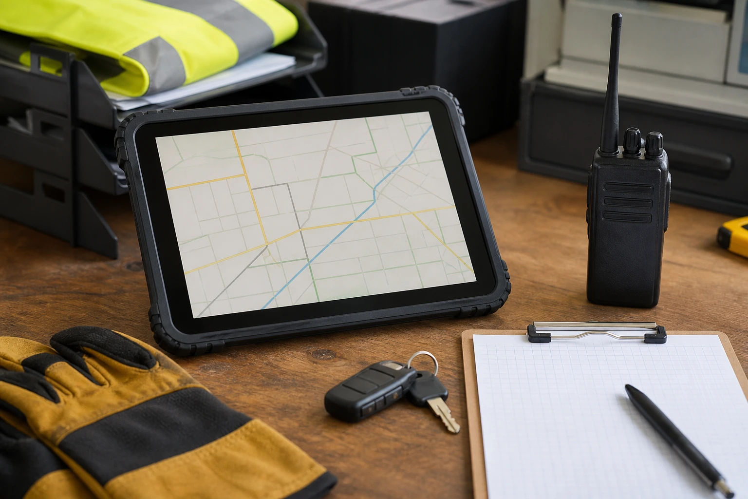 An unbranded field-service dispatch workspace with a blank phone