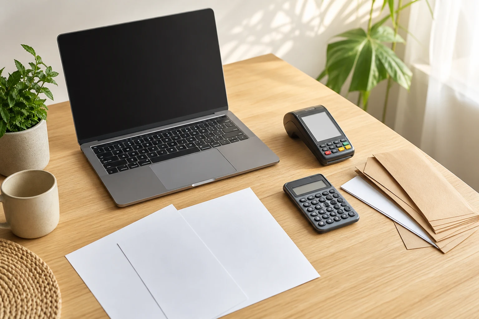An unbranded invoice workflow arranged on a work desk