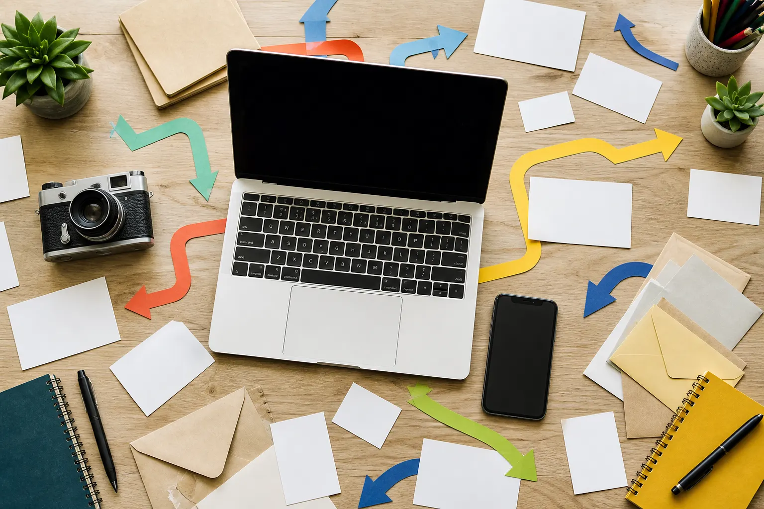 An unbranded marketing campaign workspace with a blank laptop