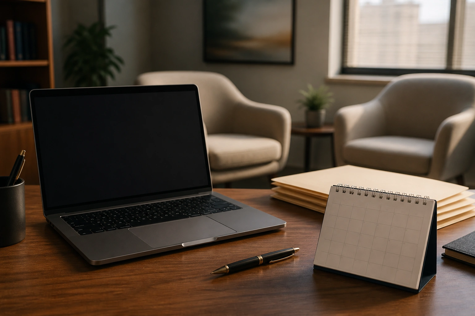 An unbranded professional-services workspace arranged for planning