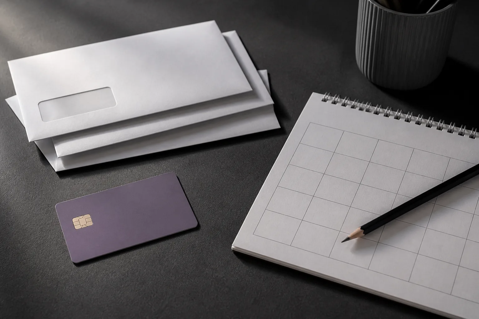 An unbranded payment card, calendar, and invoice envelopes arranged on a desk